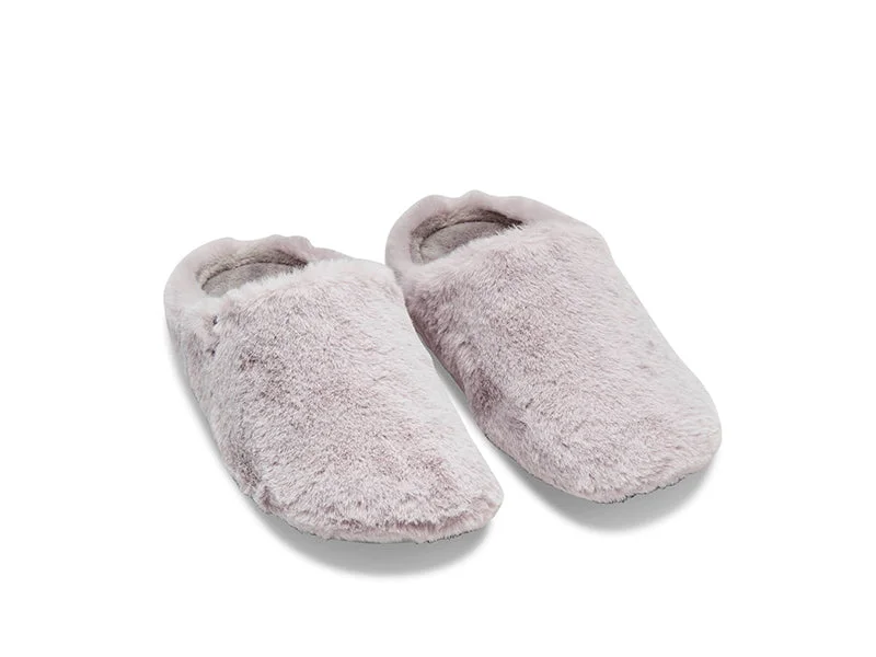 Slippers with artsy nap prints -Women's grey fluffy faux fur mule slippers, 100% recycled materials