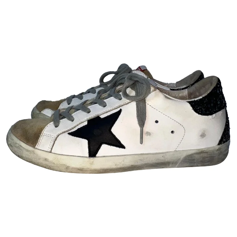 Golden Goose Super-Star Glittered Heel Tab Low-Top Sneakers in White Cowhide Leather