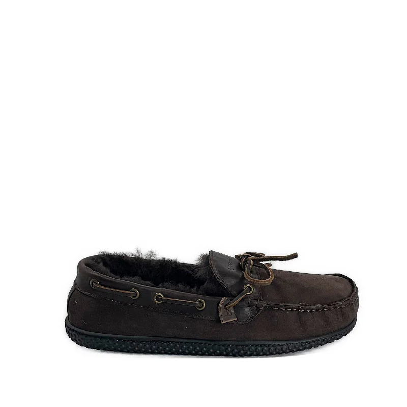 Slippers with suede nap touches -In Stock Men’s Hearth ESQ Slipper: Chocolate Brown