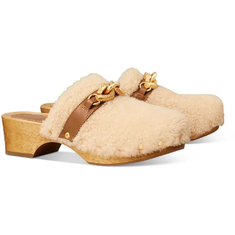 Flats for casual sunset meetups -Tory Burch Womens Jessa Shearling Clog Leather Mule Clogs