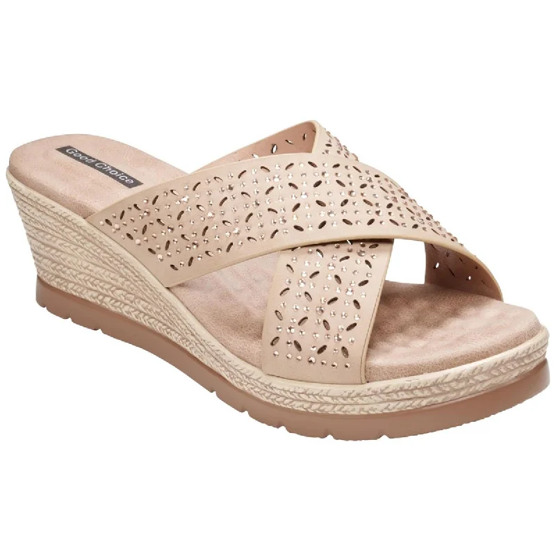 Sandals for sunny trails -Good Choice Womens Malia Faux Leather Embellished Wedge Sandals