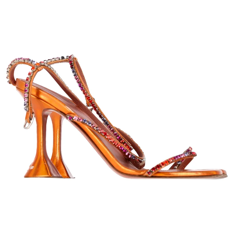 Amina Muaddi Gilda Embellished Ankle Strap Sandal Heels in Orange Calf Leather