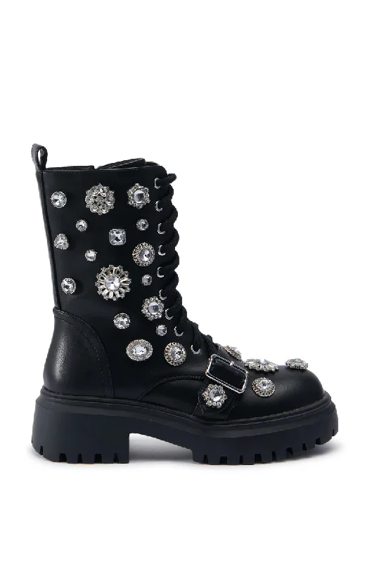 WILHELMINA-BLACK CRYSTAL COMBAT BOOTIE