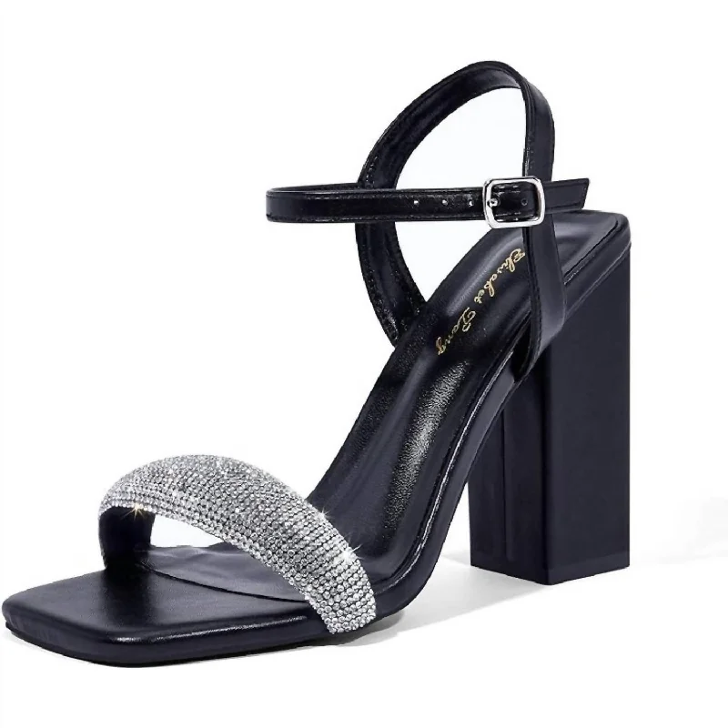 Women's Rhinestone Ankle Strap Block Heels In Black