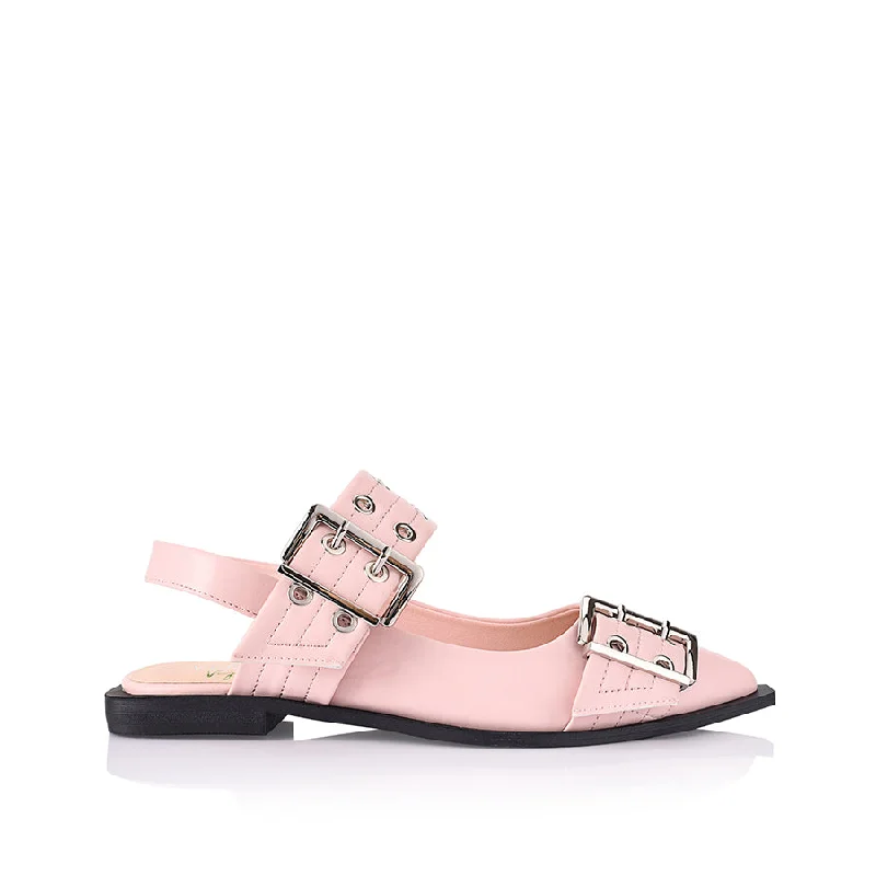 Flats with glossy stud trims -Clea Slingback Buckle Flats - Blush Pink