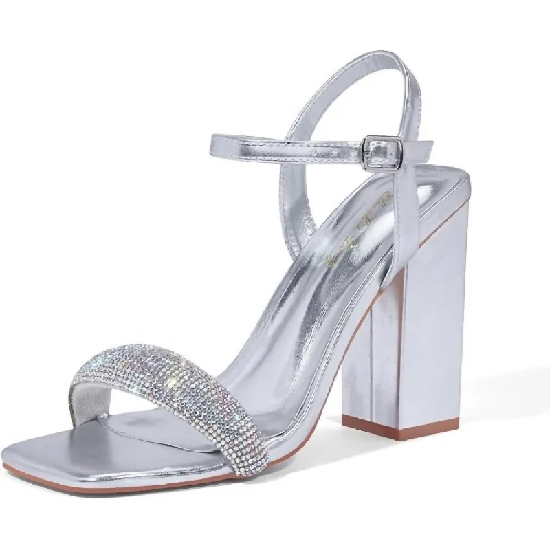 Women's Rhinestone Ankle Strap Block Heels In Silver