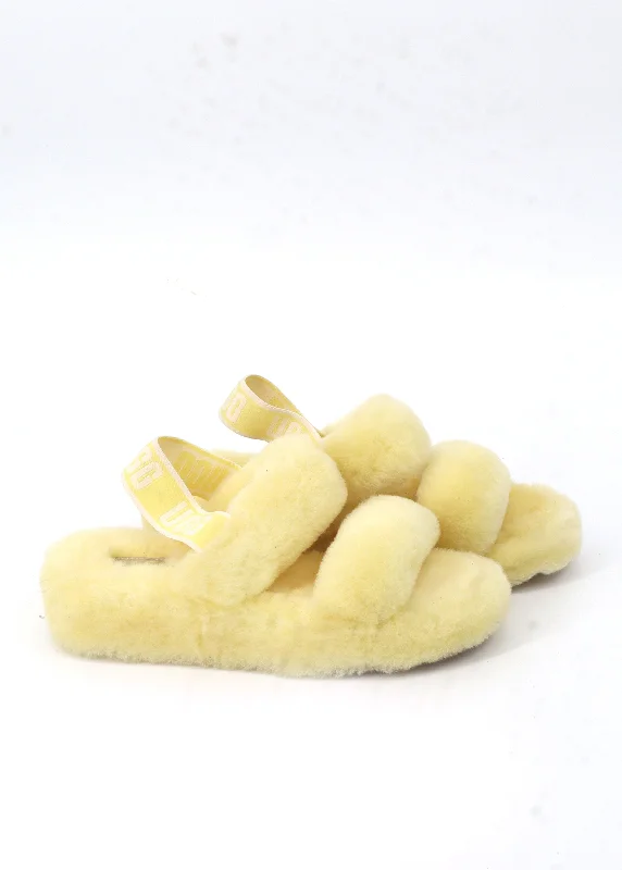 Slippers with airy nap gaps -Women's Plain Fur Slippers,Yellow