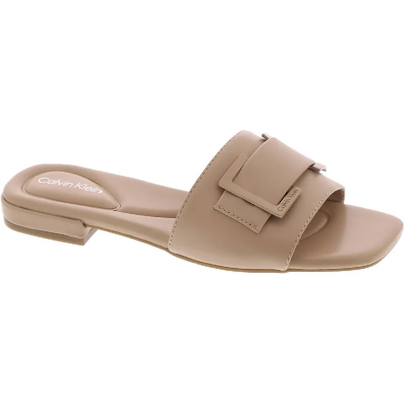 Sandals with plush heels -Calvin Klein Womens Tangelo Faux Leather Slip-On Slide Sandals