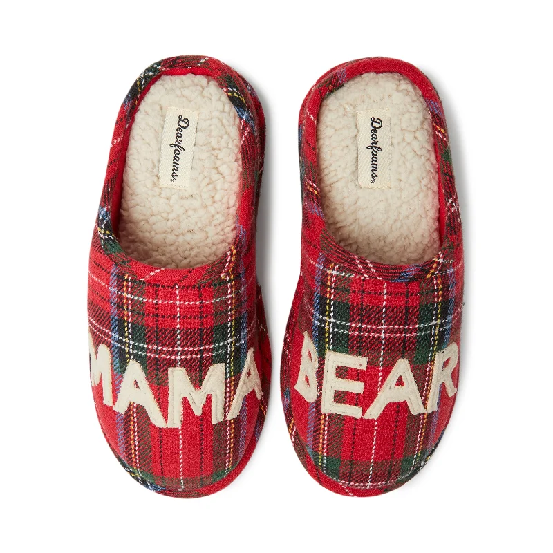 Slippers with aged nap treads -Dearfoams Women's Plaid Mama Bear Mom Clog House Slipper