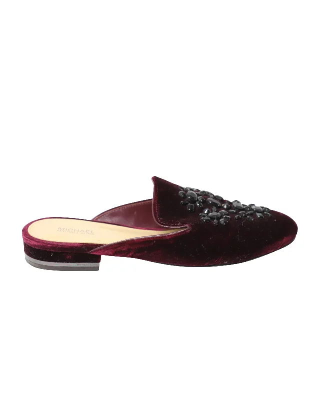 Slippers with airy nap gaps -Michael Kors Crystal-Embellished Slip-On Flat Mules in Burgundy Velvet