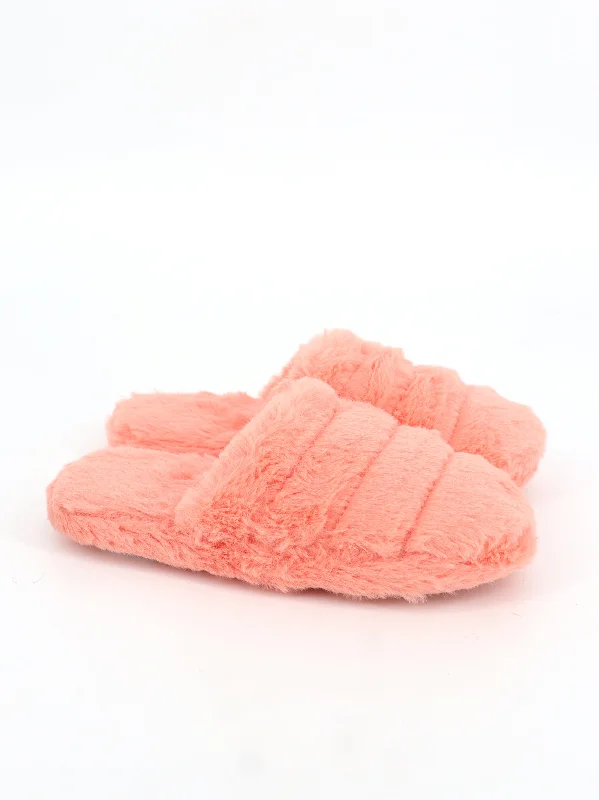 Slippers with gloss nap piles -Women's Quilted Faux Fur Slippers,Peach