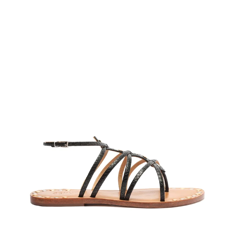 Flats with resilient heel padding -Malaya Casual Snake-Embossed Leather Sandal