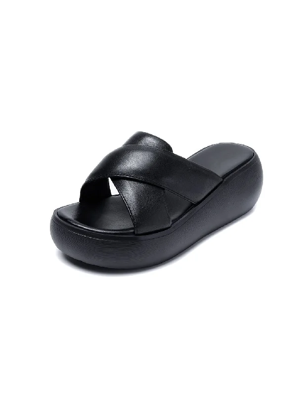 Slippers with faint nap marks -Comfortable Leather Cross Strap Wedge Slippers